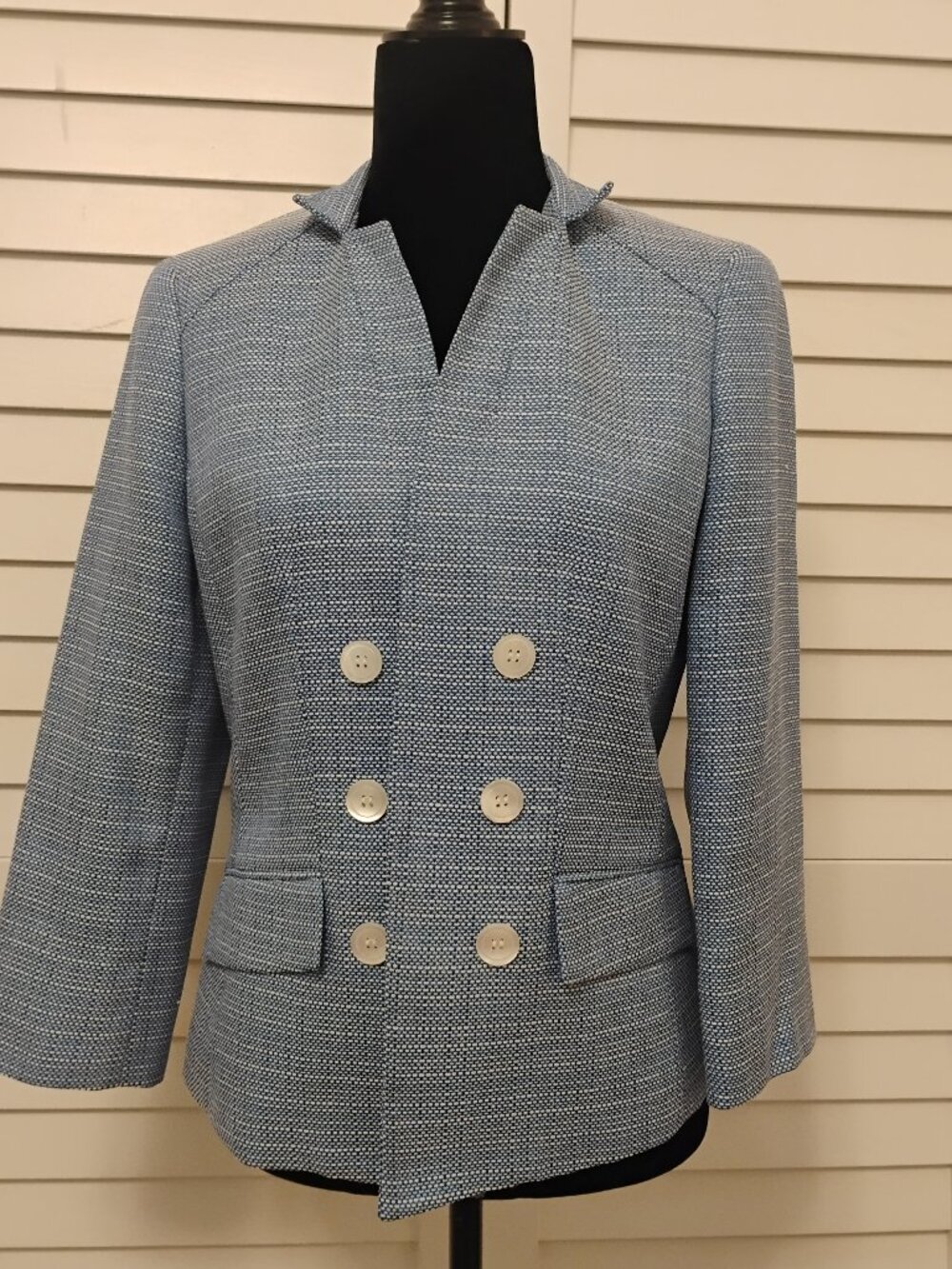 Kasper Blazer Blue/White Check Houndstooth. Faux buttons. Lined. Collar. 6 EUC